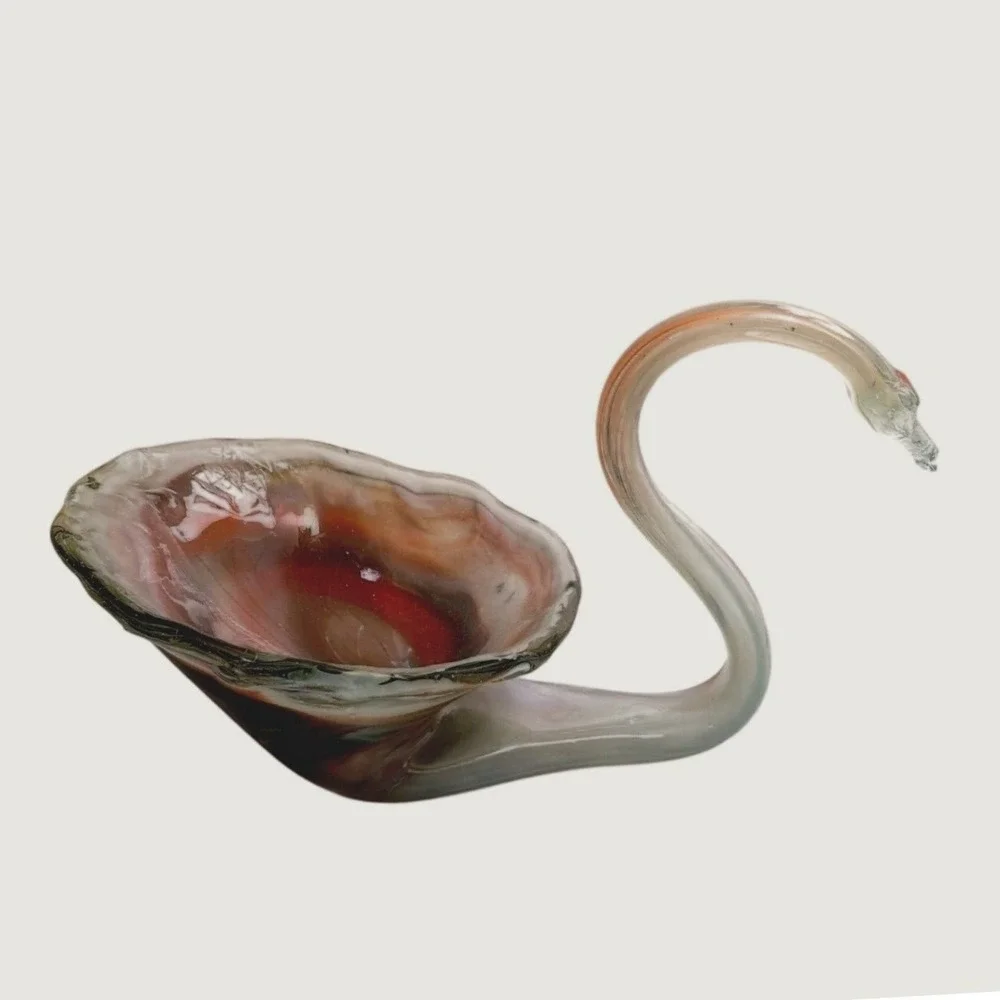 Vintage Art‎ Glass Swan Candy Dish Colorful Swirl Murano Style Catchall Bowl